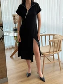 Kadın Kısa Kollu Yakadan Ve Etekten Fermuarlı Midi Viskon Iki Iplik Elbise thumbnail 4