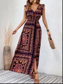 Kadın Kısa Kollu V Yakalı Deseni Yırtmaçlı Süprem Elbise thumbnail 2