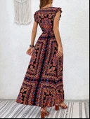 Kadın Kısa Kollu V Yakalı Deseni Yırtmaçlı Süprem Elbise thumbnail 3