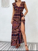 Kadın Kısa Kollu V Yakalı Deseni Yırtmaçlı Süprem Elbise thumbnail 7