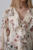 Volanlı Çiçek Desen Şifon Gömlek - Krem thumbnail 3