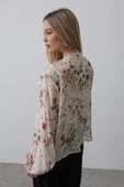 Volanlı Çiçek Desen Şifon Gömlek - Krem thumbnail 4