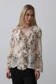 Volanlı Çiçek Desen Şifon Gömlek - Krem thumbnail 1