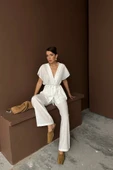 KETEN V YAKA BELDEN BAĞLAMALI BLUZ-PANTOLON TAKIM - Beyaz thumbnail 1