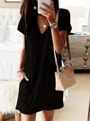 Kadın Kısa Kollu V Yakalı Cepli Kısa Viskon Elbise thumbnail 3