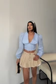 CROP POPLİN GÖMLEK YAKA KENAR DANTEL DETAYLI - Bebe Mavi - 1