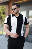 Erkek Kısa Kollu Polo Yakalı Blok Desenli Triko Bluz - 1