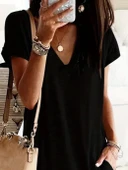 Kadın Kısa Kollu V Yakalı Cepli Kısa Viskon Elbise thumbnail 2