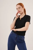 Kısa Kollu Yaka Detaylı Kaşkorse Siyah Bluz - 4