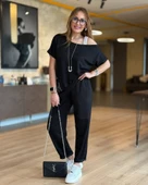 Kadın Kayık Yaka Baskı Detay Salaş Bluz Ve Yüksek Bel Pantolon Ikili Takım thumbnail 1