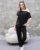 Kadın Kayık Yaka Baskı Detay Salaş Bluz Ve Yüksek Bel Pantolon Ikili Takım thumbnail 3
