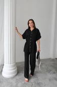 KETEN BELDEN BÜZGÜ DETAYLI GÖMLEK - PANTOLON TAKIM - Siyah thumbnail 1