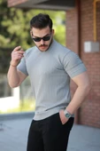 Erkek Bisiklet Yaka örgü Desenli Kısa örme Triko Kısa Kollu T-shirt - 2