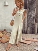 Kadın Kısa Kollu önden Düğmeli Paçaya Doğru Geniş Cepli Uzun Bürümcük Tulum thumbnail 5