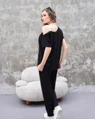 Kadın Kayık Yaka Baskı Detay Salaş Bluz Ve Yüksek Bel Pantolon Ikili Takım thumbnail 4