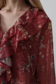 Volanlı Çiçek Desen Şifon Gömlek - Bordo thumbnail 4