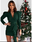 Kadın Uzun Kollu Kruvaze Yaka Karpuz Kol Eteği Fırfır Detay Krep Mini Elbise thumbnail 3