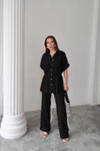 KETEN BELDEN BÜZGÜ DETAYLI GÖMLEK - PANTOLON TAKIM - Siyah thumbnail 4