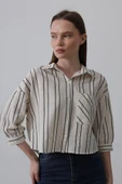 Çizgili Kısa Gömlek - Bej-Lacivert thumbnail 2