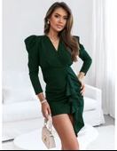 Kadın Uzun Kollu Kruvaze Yaka Karpuz Kol Eteği Fırfır Detay Krep Mini Elbise thumbnail 1