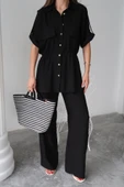 KETEN BELDEN BÜZGÜ DETAYLI GÖMLEK - PANTOLON TAKIM - Siyah thumbnail 2