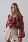 Volanlı Çiçek Desen Şifon Gömlek - Bordo thumbnail 1