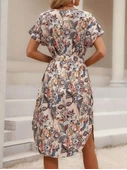 Kadın Kısa Kollu Bisiklet Yaka çiçek Desenli Kuşaklı Süprem Midi Elbise thumbnail 3