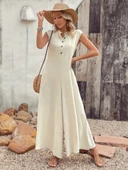 Kadın Kısa Kollu önden Düğmeli Paçaya Doğru Geniş Cepli Uzun Bürümcük Tulum thumbnail 2