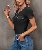 Kadın Kısa Kollu Fermuarlı Cep Detay Kaşkorse Bluz thumbnail 4