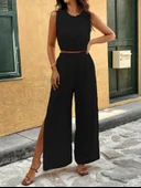 Kadın Kolsuz Beli Lastikli Atlet Ve Yırtmaç Detay Pantolon Ikili Takım - 1