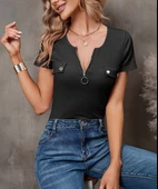 Kadın Kısa Kollu Fermuarlı Cep Detay Kaşkorse Bluz thumbnail 1