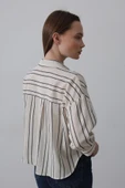 Çizgili Kısa Gömlek - Bej-Lacivert thumbnail 3