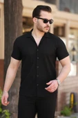 Erkek Ottoman Kumaş Apaj Yaka Kısa Kollu Gömlek - 1