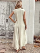 Kadın Kısa Kollu önden Düğmeli Paçaya Doğru Geniş Cepli Uzun Bürümcük Tulum thumbnail 4