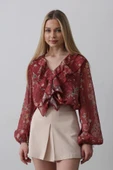 Volanlı Çiçek Desen Şifon Gömlek - Bordo thumbnail 2