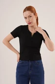Kısa Kollu Yaka Detaylı Kaşkorse Siyah Bluz - 3