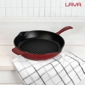 Lava Döküm Yuvarlak Izgara Tava Döküm Demir Yekpare Saplı Çap(Ø)28cm.Bordo thumbnail 7