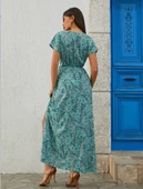 Kadın Kısa Kollu V Yaka Etnik Desenli Yırtmaç Detay Süprem Elbise (kemersiz) thumbnail 7