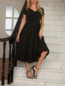 Kadın Kısa Kollu V Yakalı önden Pileli Midi Janjan Krep Elbise thumbnail 4