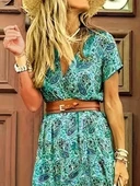 Kadın Kısa Kollu V Yaka Etnik Desenli Yırtmaç Detay Süprem Elbise (kemersiz) thumbnail 2