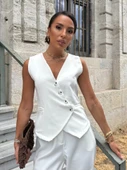Kadın Sıfır Kollu çapraz V Yakalı önden Düğmeli Atlas Yelek Ve Pantolon Ikili Takım - 4