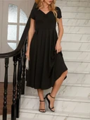 Kadın Kısa Kollu V Yakalı önden Pileli Midi Janjan Krep Elbise thumbnail 11