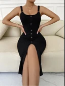 Kadın Kolsuz Askı Halka Detay önü Düğmeli Midi Boy Yırtmaçlı Fitilli Kaşkorse Elbise thumbnail 9