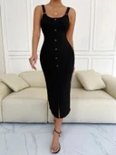 Kadın Kolsuz Askı Halka Detay önü Düğmeli Midi Boy Yırtmaçlı Fitilli Kaşkorse Elbise thumbnail 11