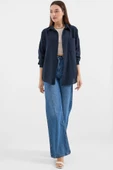 20153 Tek Cepli Oversize Keten Gömlek - Lacivert thumbnail 2