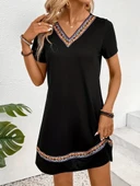 Kadın Kısa Kollu V Yakalı Etnik Desen şerit Detaylı Viskon Elbise thumbnail 3