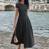 Kadın Kısa Kollu Bisiklet Yaka Puantiyeli Maksi örme Krep Elbise thumbnail 7