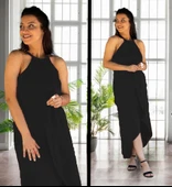 Kadın Omuzlardan Açık Boyundan Geçmeli Asimetrik Kesim Detaylı Viskon Elbise thumbnail 2