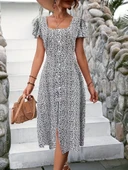 Kadın Kısa Kollu Kare Yaka önden Düğmeli çiçekli Süprem Elbise thumbnail 3