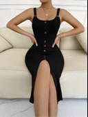 Kadın Kolsuz Askı Halka Detay önü Düğmeli Midi Boy Yırtmaçlı Fitilli Kaşkorse Elbise thumbnail 1